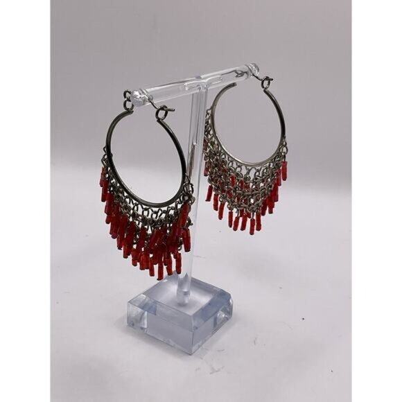 Vintage-Inspired Red Beaded Hoop Earrings With Silver-Tone Chains - Picture 3 of 3